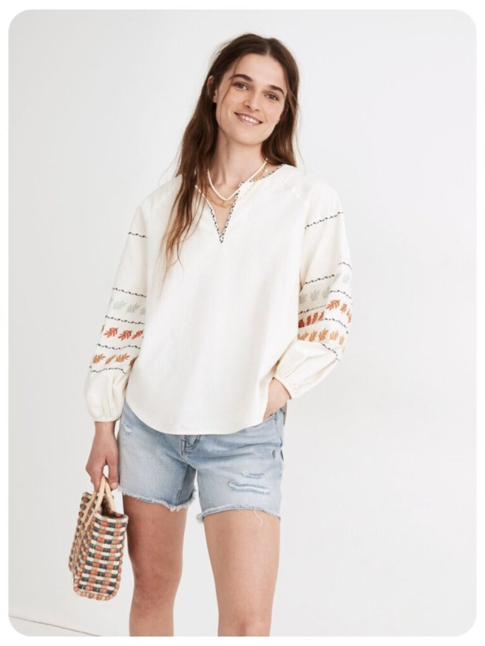 Madewell Antique Cream Embroidered Long Sleeve Popover Top sz S